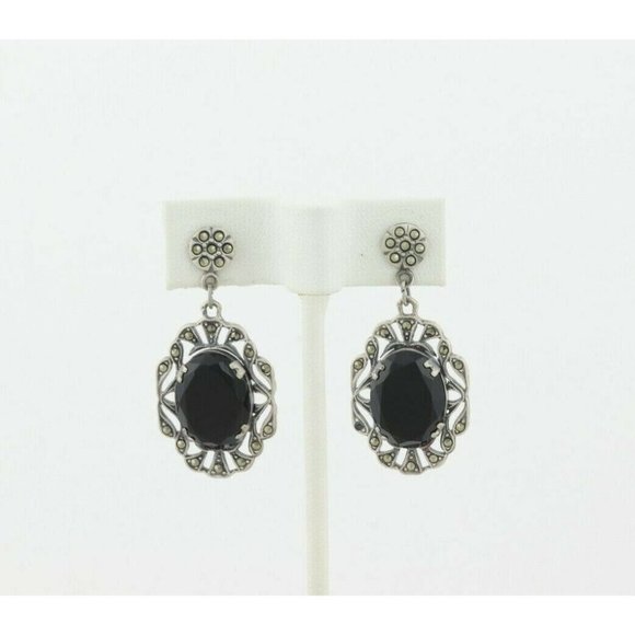Vintage Sterling Silver Imitation Onyx and Marcasite Earrings Drop Earrings - Picture 6 of 7
